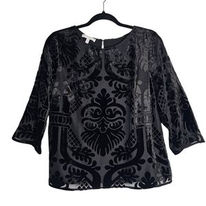 Talbots RSVP Women Black Velvet burnout Blouse Whimsigoth Grunge 3/4 Sleeve Mp